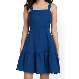New York & Company button back fit and flare linen dress blue small